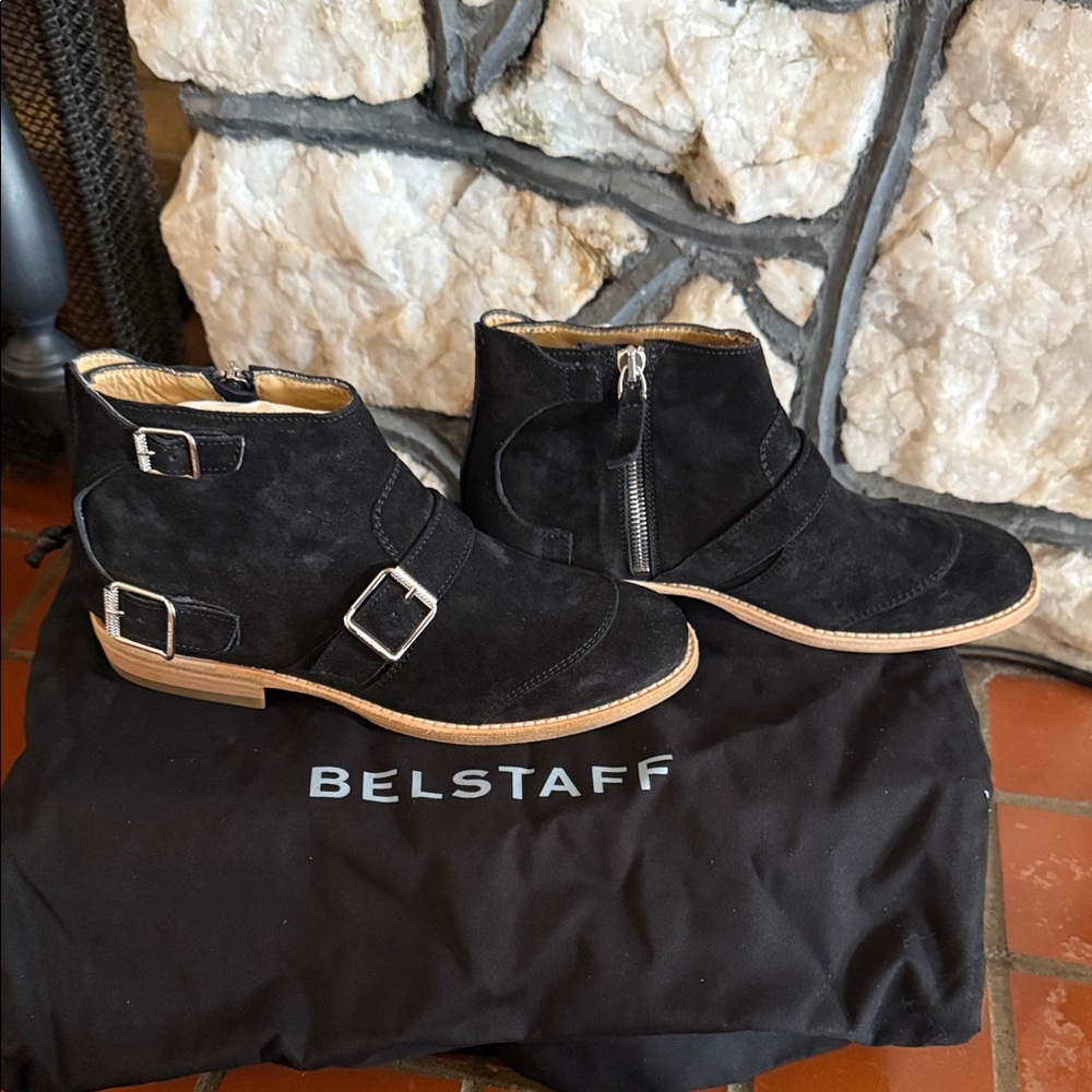 Belstaff Black Suede Ankle Boots with Buckles